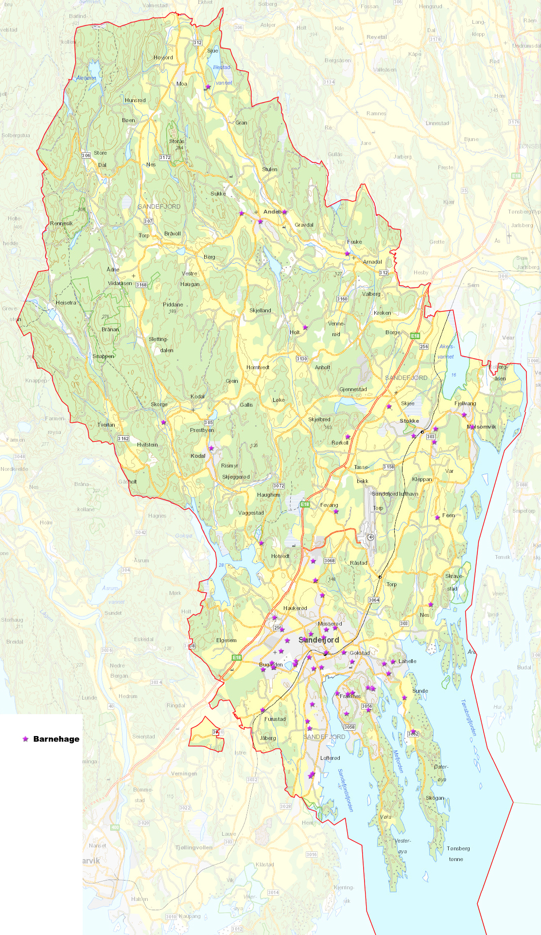 Kart med markering av alle barnehagene.